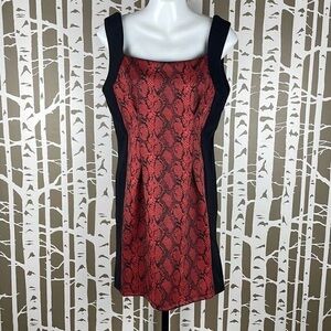 Red Snake-Print Sheath Dress with Black Panels